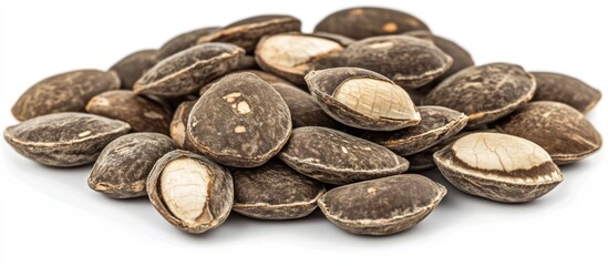 Collection of roasted sacha inchi seeds arranged on a white background surface