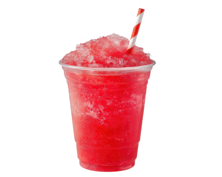 Vibrant red slush drink served in clear cup with straw, showcasing refreshing and icy texture that invites enjoyment on warm day