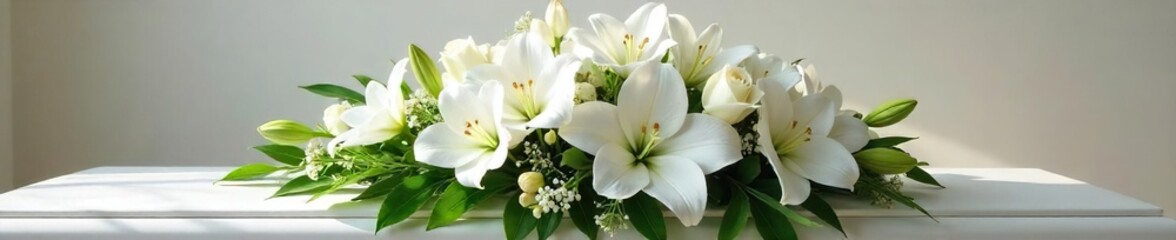 Naklejka premium A serene arrangement of white lilies, roses, and orchids rests in a simple, elegant casket spray Perfect for sympathy, remembrance, and funeral service imagery , service, remembrance, memorial