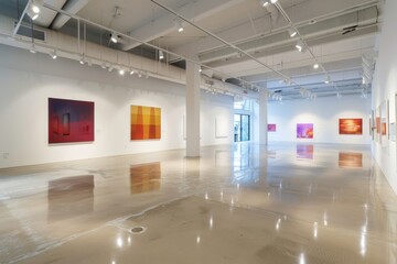 White modernist art gallery, crisp edges, light wells, minimal palette, polished concrete floor reflects vibrant artwork.