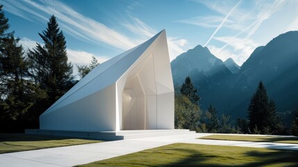 Origami-inspired white chapel, sharp angular planes, dramatic shadows, minimal landscape, mountain backdrop.