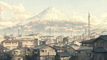 A serene cityscape view with a majestic mountain