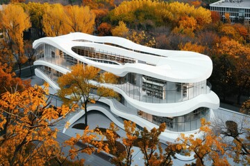 White sculptural library building with ribbon-like facade elements glass curtain walls and surrounded by vibrant autumn trees.