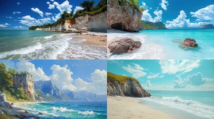 A vibrant collage showcases four idyllic beach scenes, featuring pristine sands, azure waters, dramatic cliffs, and fluffy white clouds under sunny skies. The 