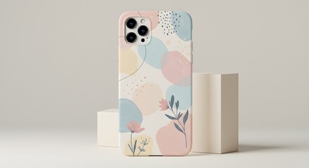 Pastel Abstract Phone Case Mockup with Floral Design on Cream Background