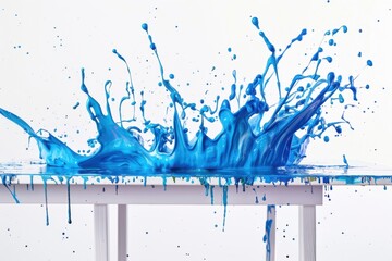 Bold blue liquid explodes atop a clean white workspace table, creating vibrant abstract patterns against the isolated background.