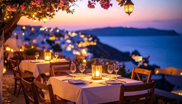A cozy outdoor café table at dusk in a Mediterranean seaside village, glowing lanterns, soft orange and purple sky, blurred sea in background, travel concept, commercial use