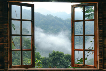 Misty mountain view from open wooden window scenic nature landscape