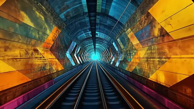 Vibrant tunnel with colorful walls and illuminated tracks leading to a bright exit, showcasing urban art