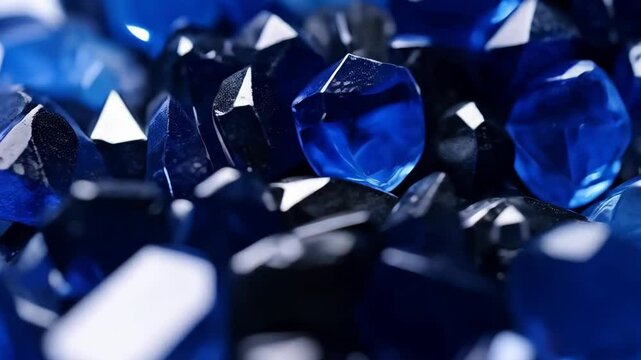 Macro view of bright blue faceted crystals and dark gem stones with reflective surfaces and bokeh background lights, shiny jewels