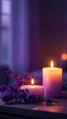 Relaxing lavender candlelight illuminates a tranquil scene, perfect for aromatherapy, spa treatments, or meditation Soft purple hues create a serene atmosphere , self-care, night, tranquility