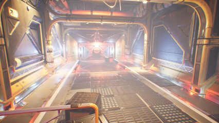 スペースシップの内部の廊下の先にある大きな扉 © タラコおにぎり