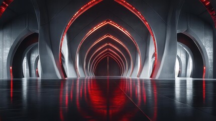 Red Neon Archway in Futuristic Hall