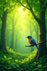 Fototapeta premium A Vibrant Bird Perched on a Branch in a Lush, Misty Forest, Sunlight Filtering Through the Canopy