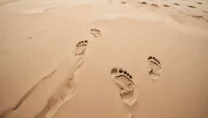 Close-up of footprints in the sand, highlighting the summer texture with a soft beach background