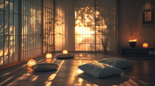 Serene sunset room tranquil interior with pillows for relaxation and meditation