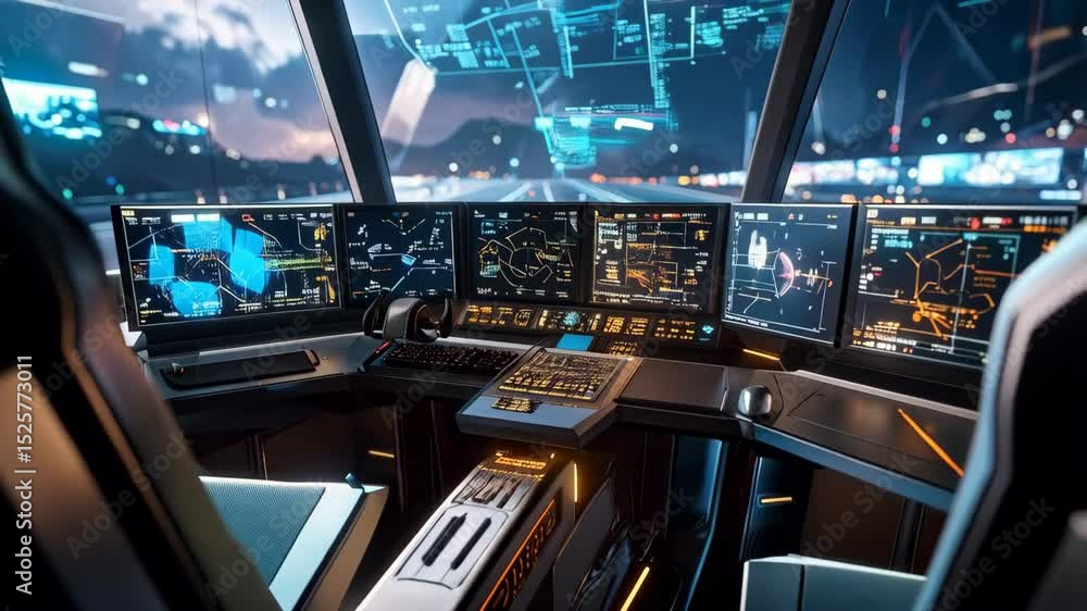 Poster futuristic vehicle cockpit dashboard displaying complex road network and city traffic data during ni