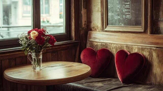 Cozy corner with heart-shaped pillows and flowers