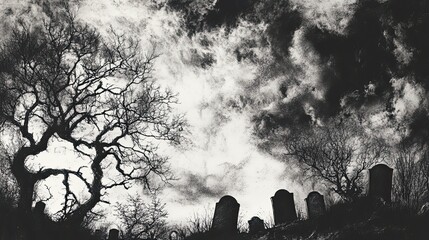 A somber graveyard scene under a stormy sky