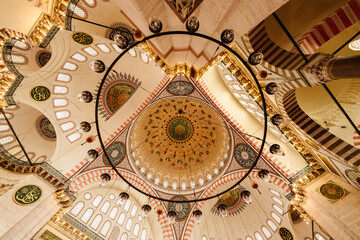 Wide-Angle Interior of Ornate Domed Mosque in Istanbul, Turkey