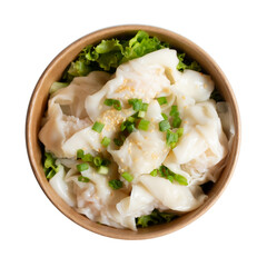 Wonton Dumplings with Scallions and Sesame Seeds in a Bowl