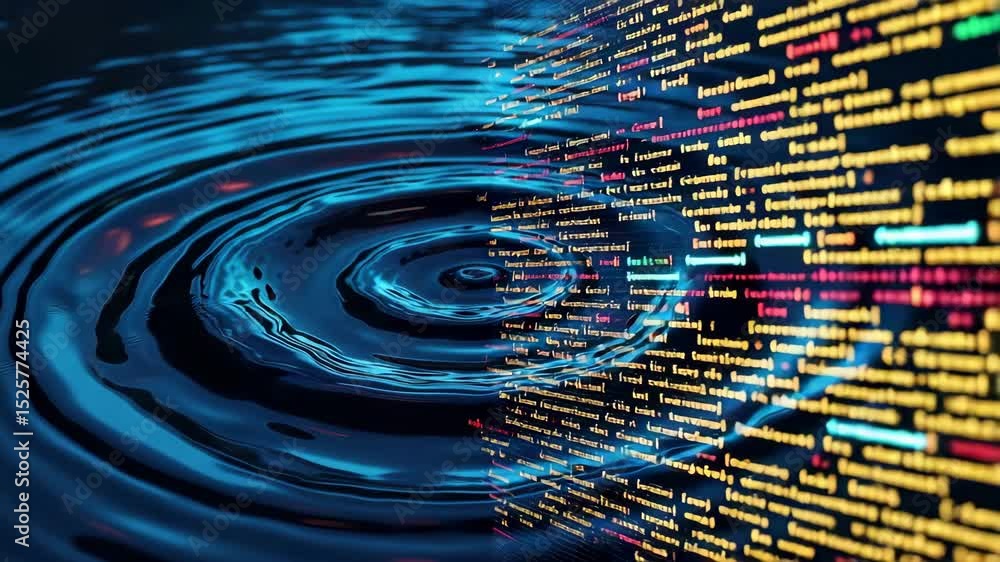 Poster digital code blending with rippling water textures.