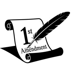 A quill pen rests on a first amendment scroll, isolated on white background