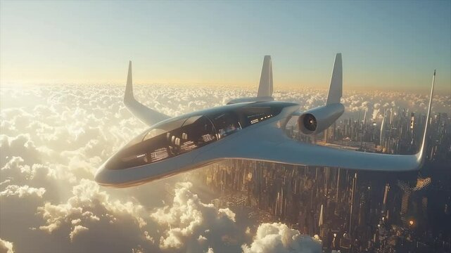 Futuristic aircraft soaring above city clouds