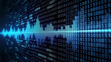 Digital waveform overlaying binary code in blue tones. - Powered by Adobe