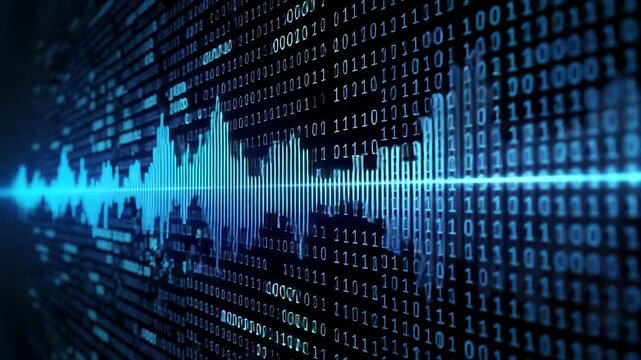 Digital waveform overlaying binary code in blue tones.