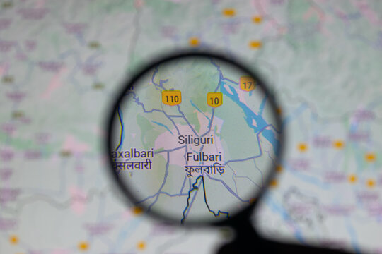 Mumbai, India - 27 May 2025, Picture of Siliguri corridor on India's map through a magnifying glass. Illegal immigration, attack, strategic, chicken's neck, threat, sensitive, cutoff, bengali, Bengal.