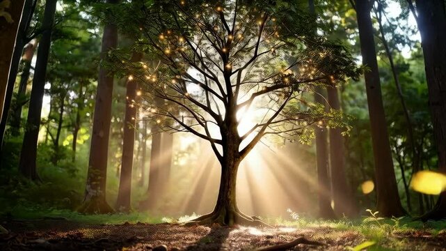 Majestic tree stands in forest illuminated by sun rays filtering through branches, enhanced by magical fairy lights creating enchanting atmosphere.