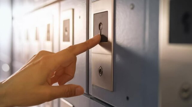 Person's finger pressing on the button of the metal safe locker in a row, storage safety, security