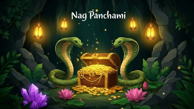 Nag Panchami with Treasure Chest &ndash; Twin Cobra Illustration Representing Ancient Hindu Rituals and Mythological Symbolism