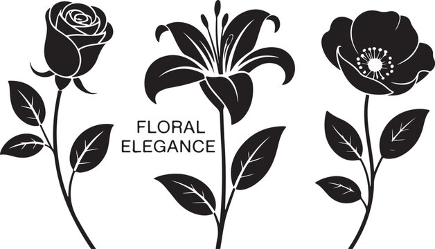 floral elegance silhouette of rose, lily and poppy with delicate leaves in minimal black vector botanical composition