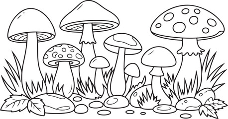 hand drawn group of mushrooms growing among grass and rocks in woodland setting with natural line art style