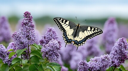 A butterfly in flight amongst purple lilac blooms.