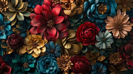 A vibrant arrangement of meticulously crafted paper flowers in deep, rich hues