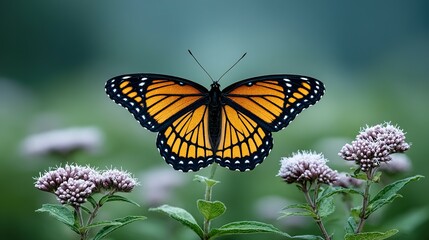 Naklejka premium Close-up view of a monarch butterfly near purple flowers.
