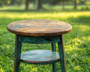 Fototapeta premium Rustic wooden table on green grass