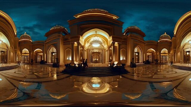 Grand palace interior at night.  Dazzling architecture, opulent d?cor