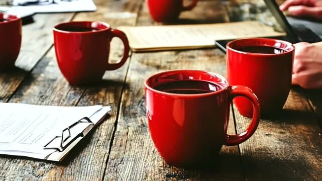 A table with five red coffee cups and a stack of papers