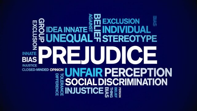 Prejudice animated word cloud;text design animation tag kinetic typography seamless loop.