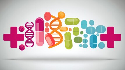 Colorful Medical Symbols with DNA and Pills in a Circular Design