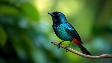 Obraz premium Vibrant Metallic Starling Perched on a Branch Against a Lush Green Backdrop