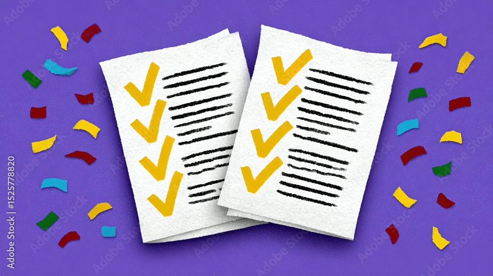 Aufkleber two sheets of paper with checkmarks and decorative lines.