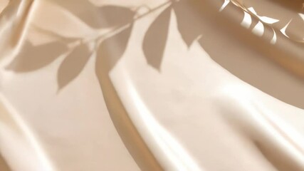 Elegant flowing light peach silk fabric with soft plant leaf shadows, creating a textured abstract background with gentle folds and delicate highlights - Powered by Adobe