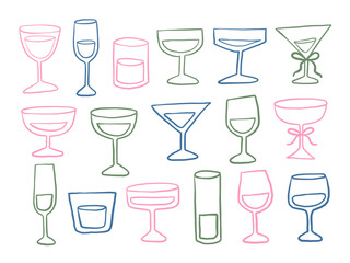 Line Art Drinkware Glass Icon Collection. A playful collection of 17 hand drawn drinkware icons in line art style featuring wine glasses cocktails. Perfect for menus party themes and beverage graphics