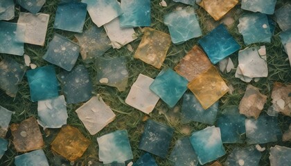 A vibrant pile of colorful glass tiles, showcasing various textures against a summer background