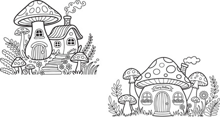 mushroom-shaped fantasy cottages with smoke chimneys, garden flowers, and whimsical forest background in black and white illustration